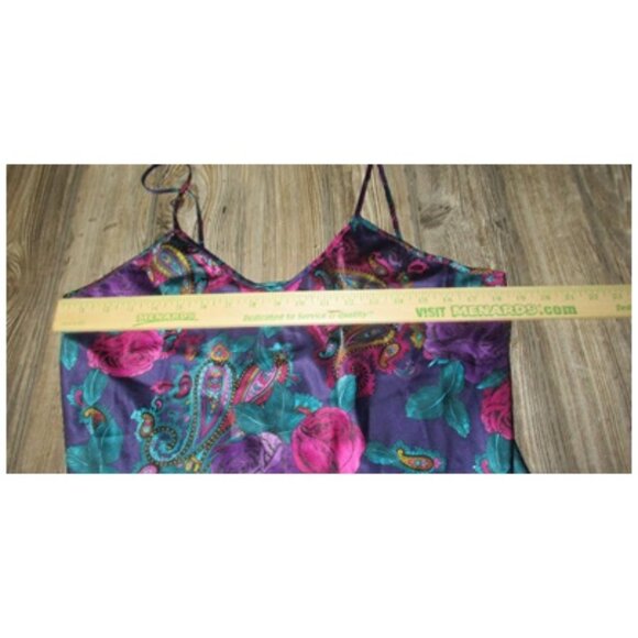 Vintage 80s California Miss Paisley Print Lingerie Dress Sz M Teal Purple Satin - Picture 8 of 13